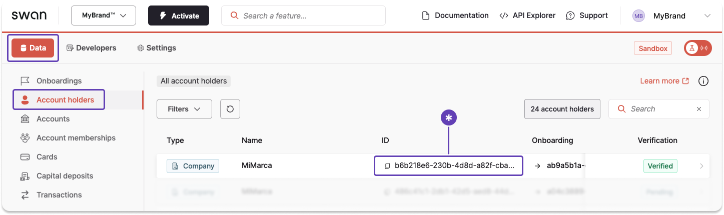 Screenshot of Swan Dashboard account holders page with a callout of the account holder ID