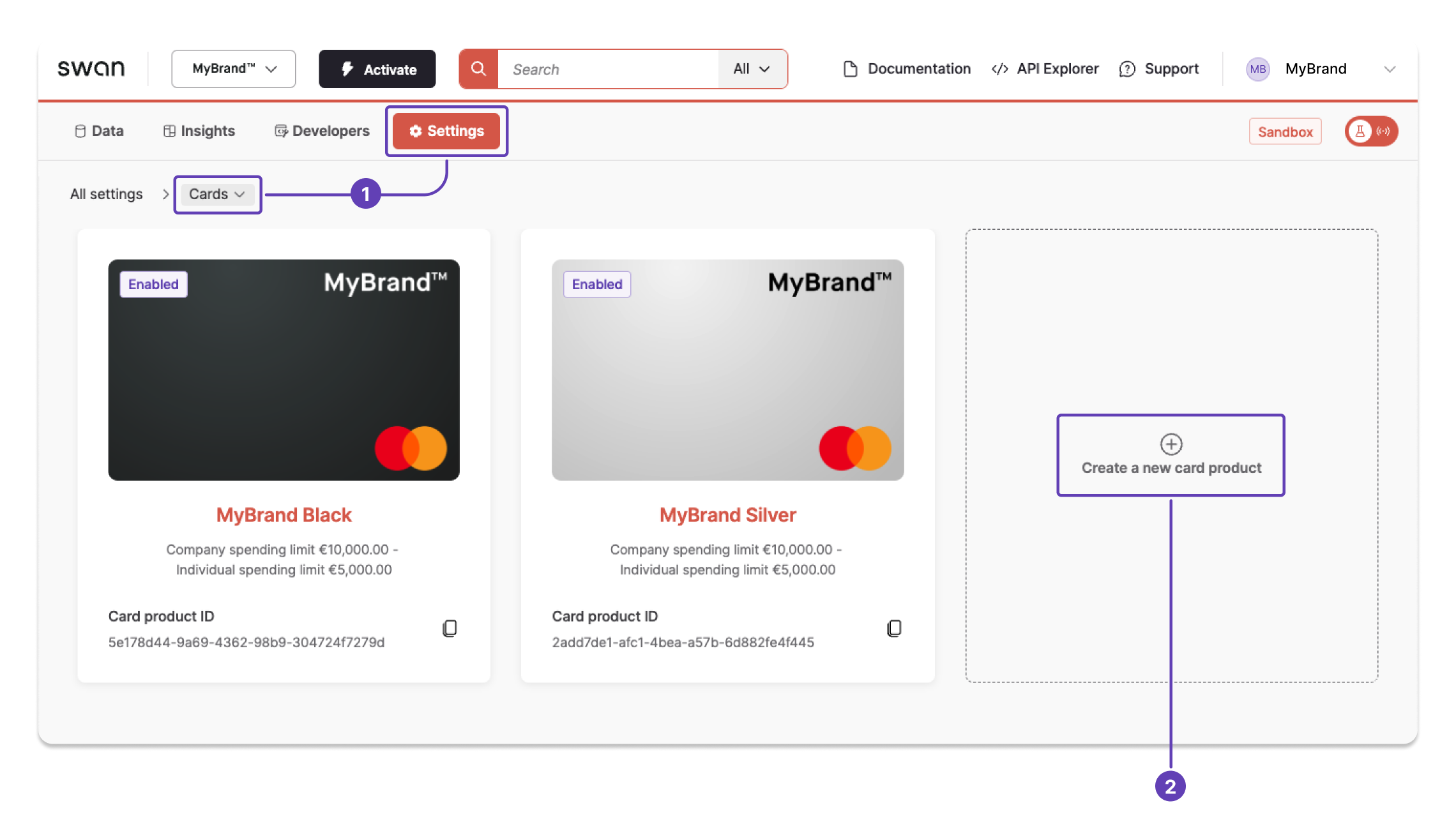 Screenshot of the Dashboard modal to add a new card product