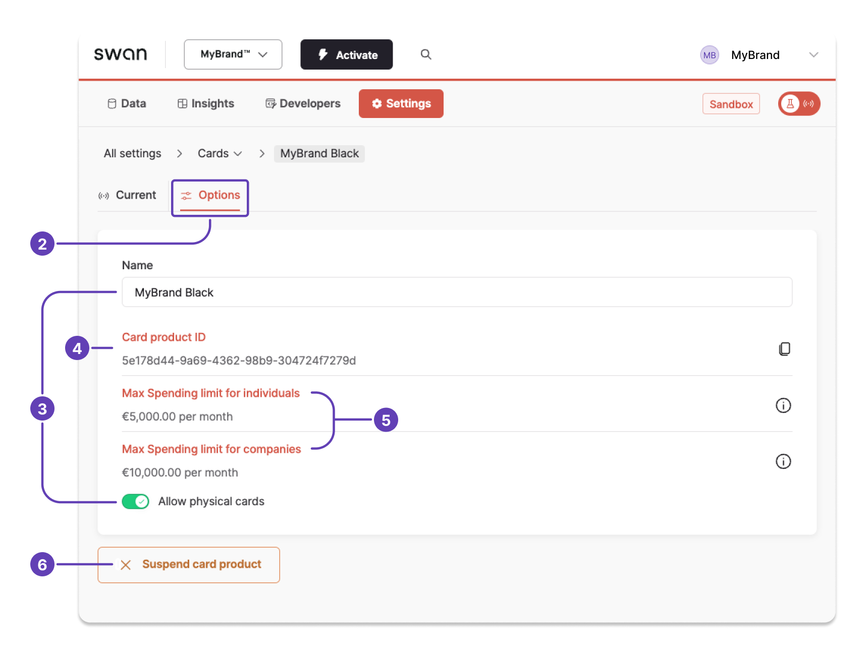 Screenshot of a dedicated card product page on the Dashboard calling out different settings