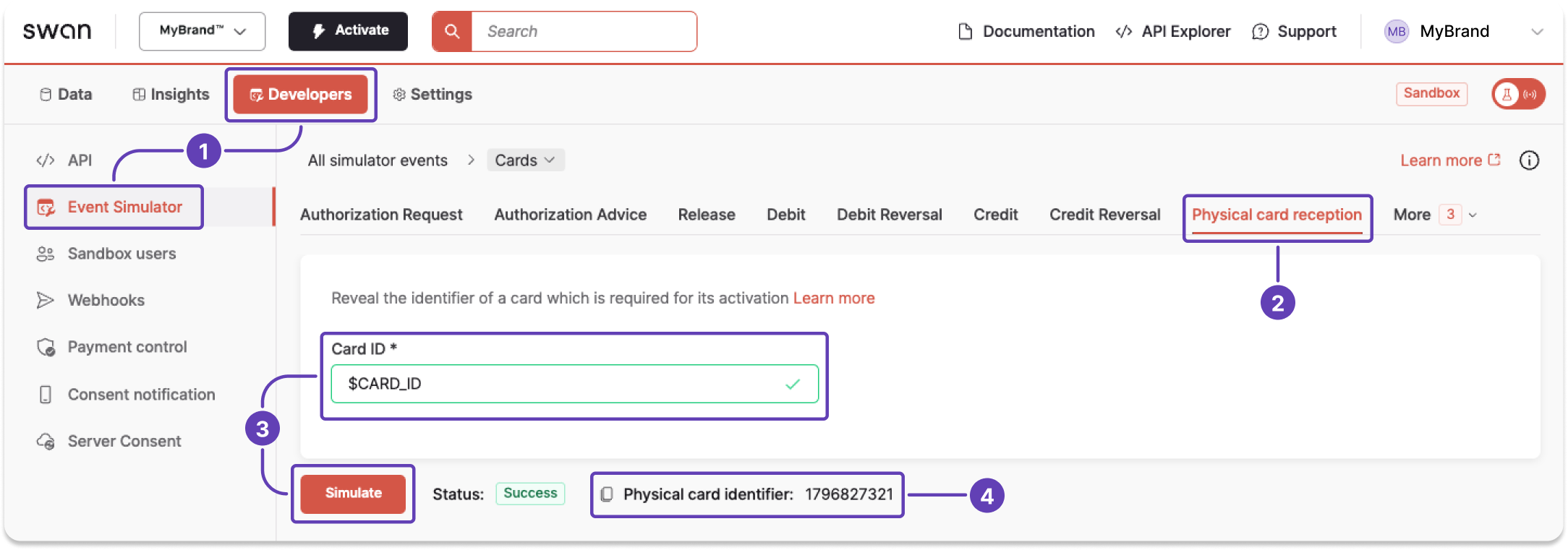 Screenshot of Dashboard to simulate physical card reception