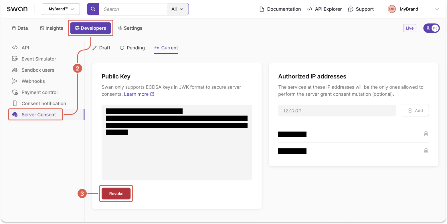 Image of Dashboard server consent page with callouts to revoke