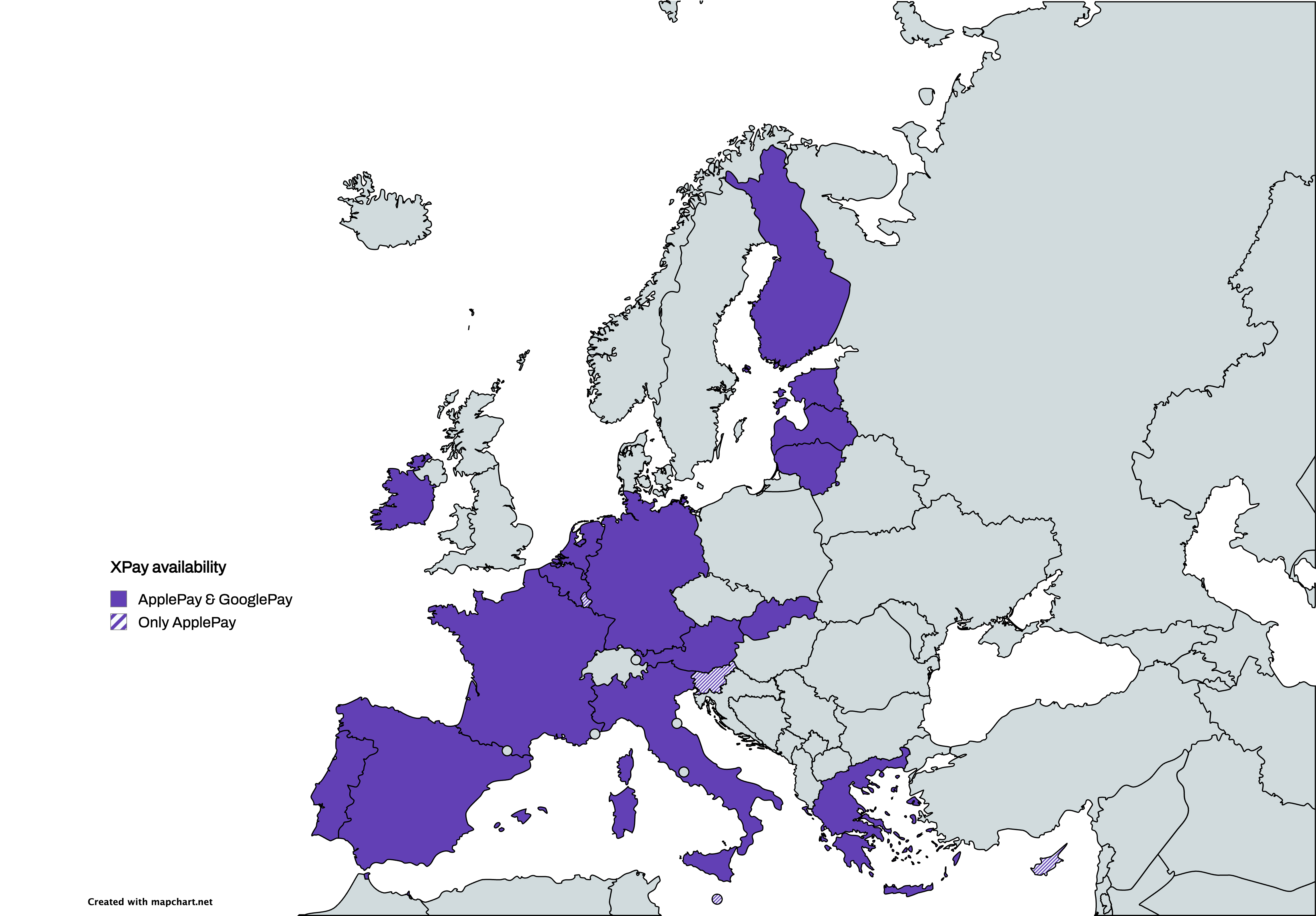 Map of Swan coverage for digital Wallets (Apple Pay and Google Pay)