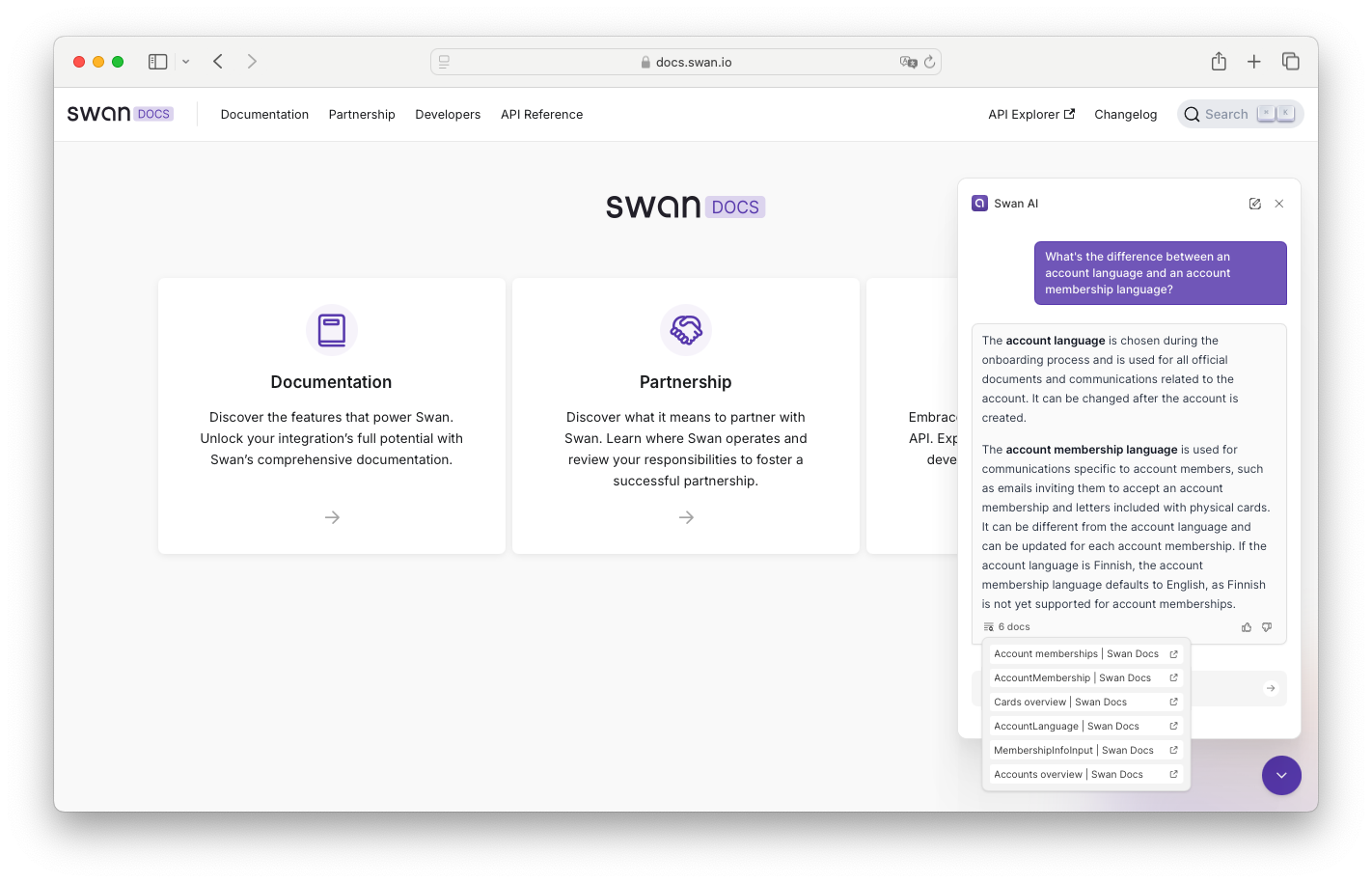 Screenshot of docs.swan.io homepage with AI open