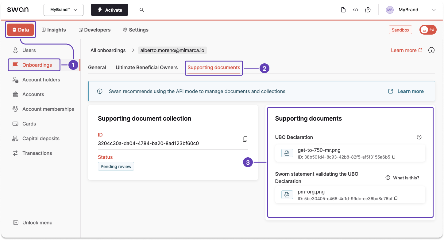 Review onboarding supporting documents from the Dashboard