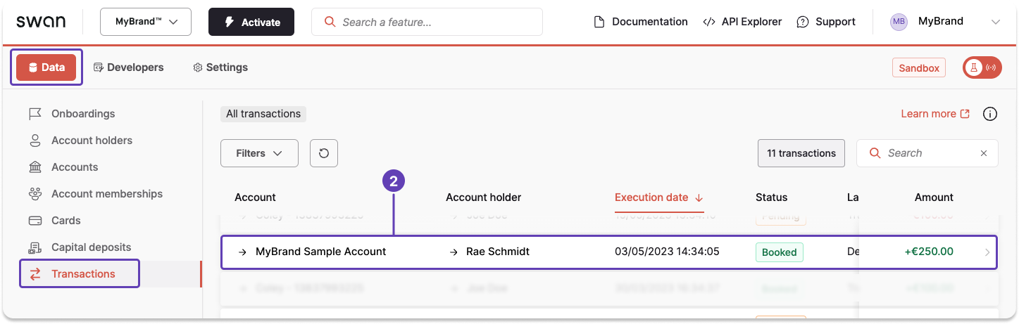 Screenshot of Swan Dashboard transactions page with a callout of a single transaction