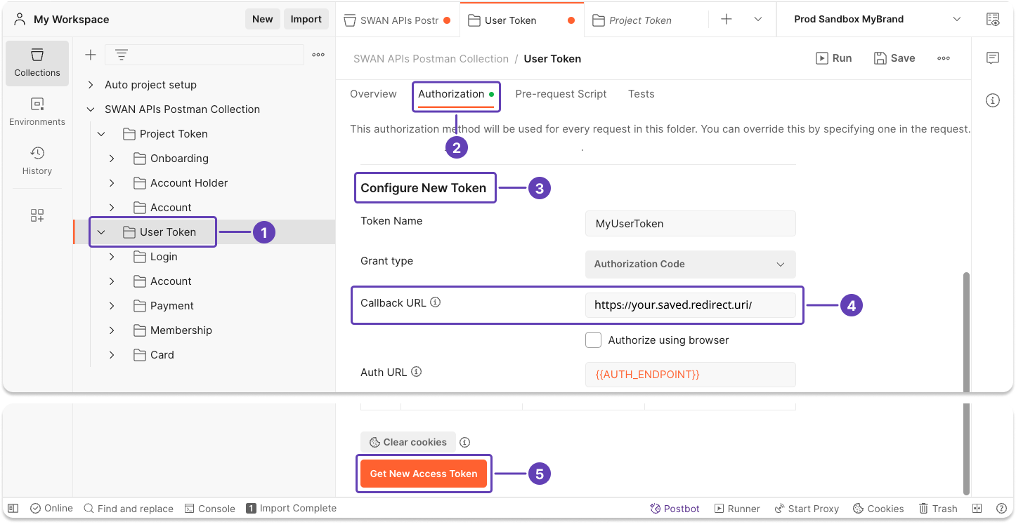 Image of Postman guiding user to get a new user access token