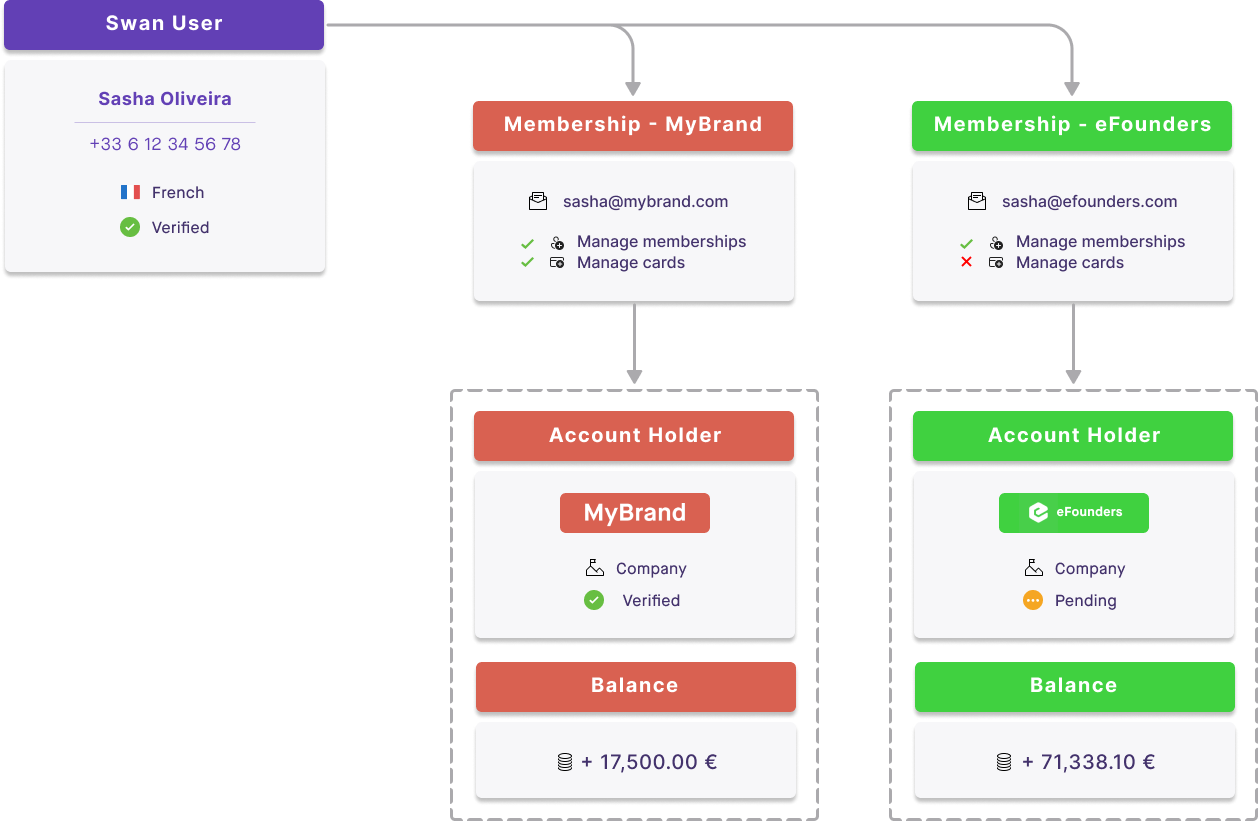 Visual depiction of multiple account memberships with different permissions