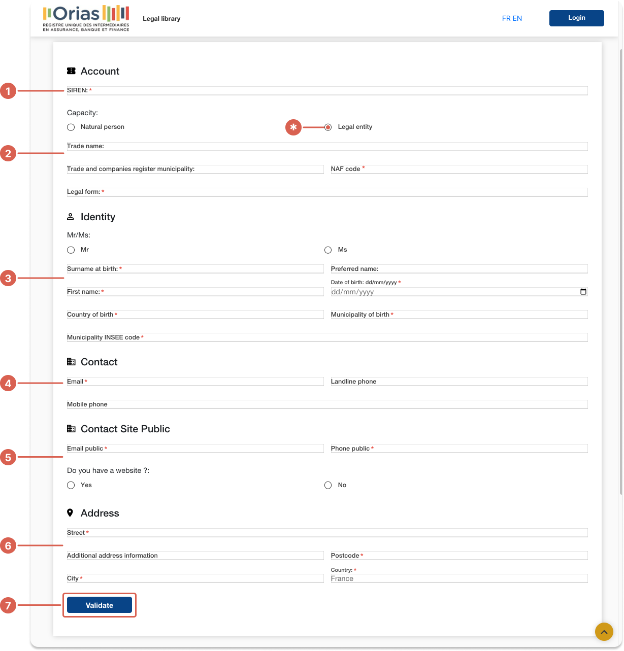 Screenshot of Orias registration form in English