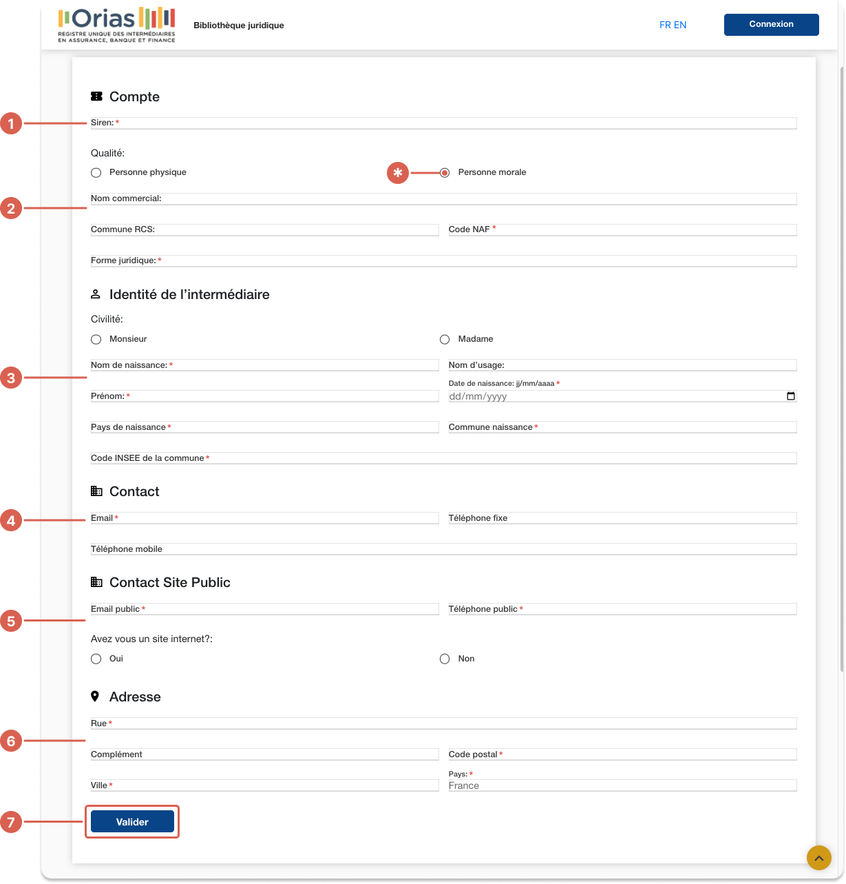 Screenshot of Orias registration form in French