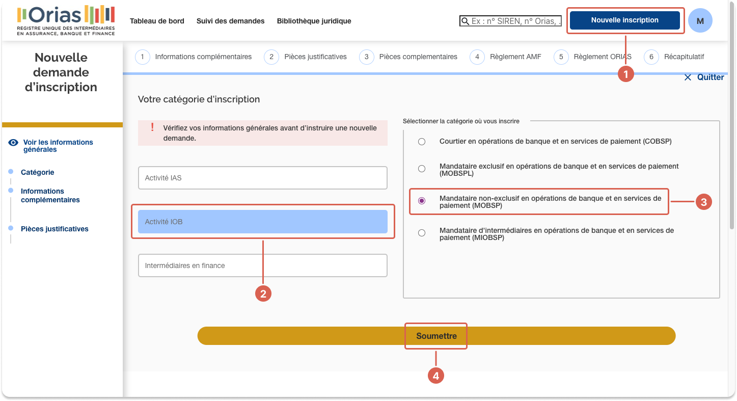 Image of Orias account to click nouvelle inscription