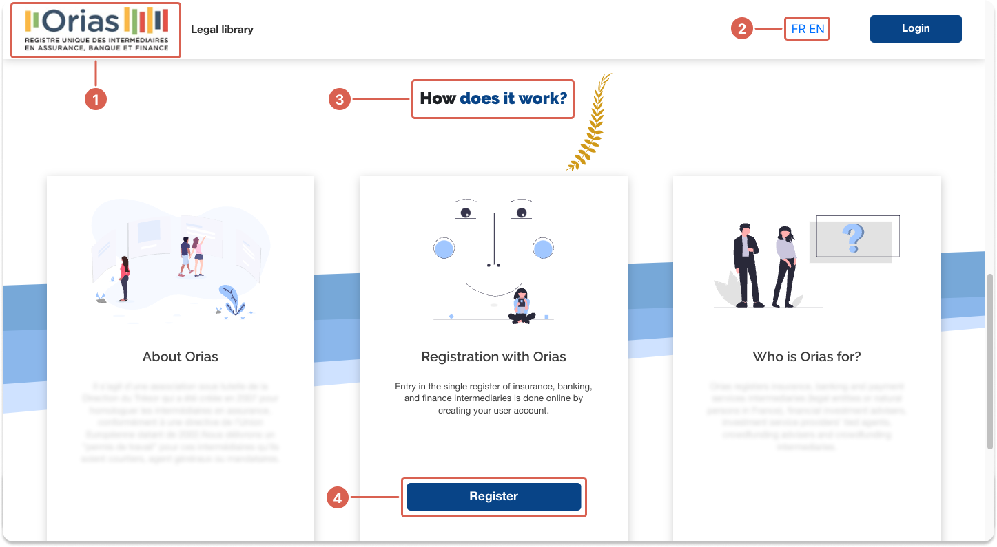 Screenshot of Orias website leading to register in English