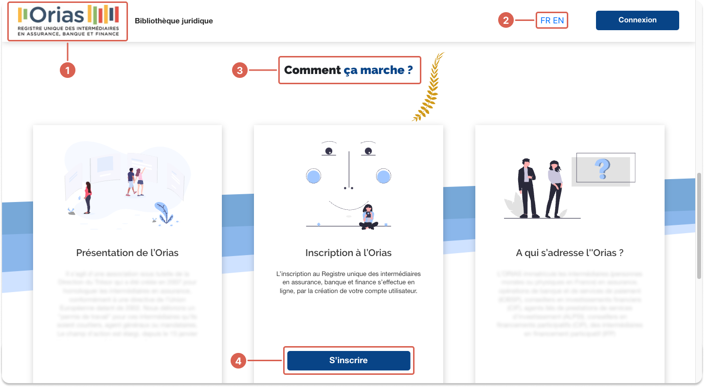 Screenshot of Orias website leading to register in French