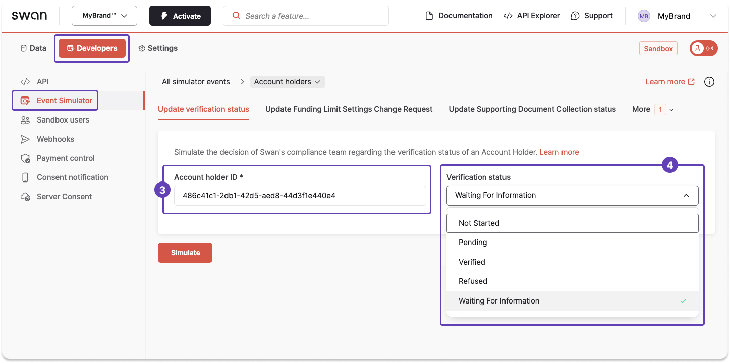 Simulate changing an account holder&#39;s verification status with the Event Simulator