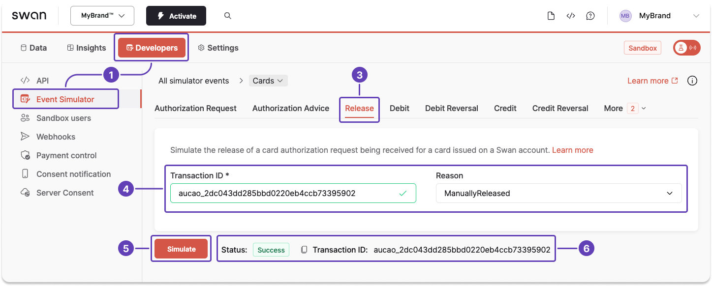 Screenshot of Swan Dashboard authorization release page in event simulator