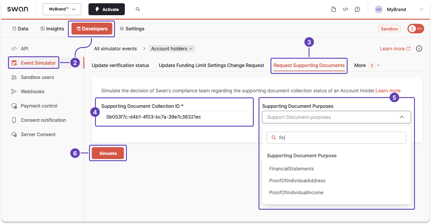 Simulate requesting a supporting document with the Event Simulator