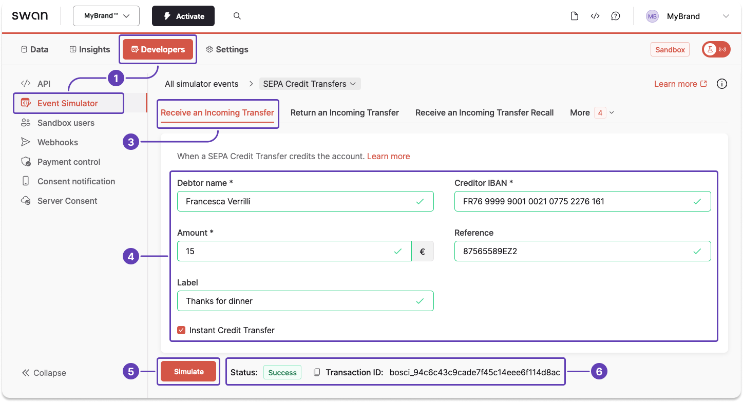 Screenshot of Swan Dashboard Event Simulator to simulate receiving a SEPA Credit Transfer