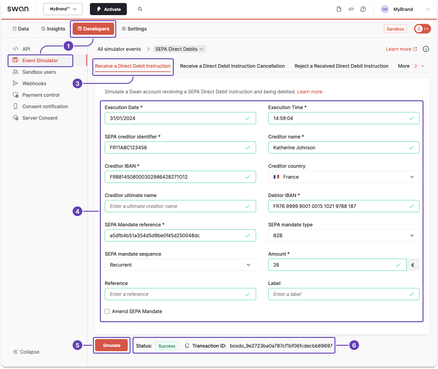 Screenshot of Swan Dashboard Event Simulator to simulate receiving a SEPA Direct Debit instruction