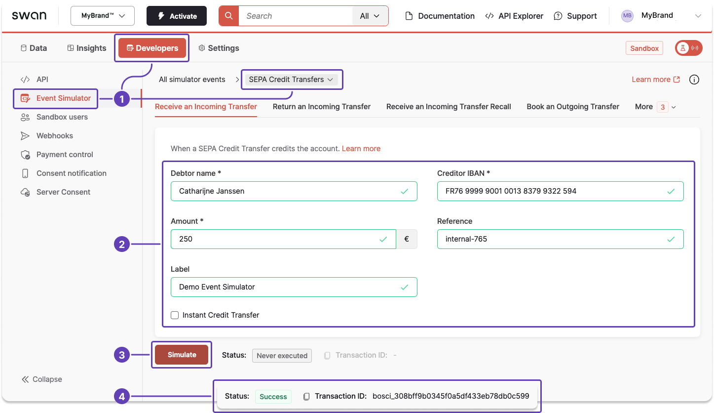 Image of Dashboard Event Simulator example using SEPA Credit Transfers