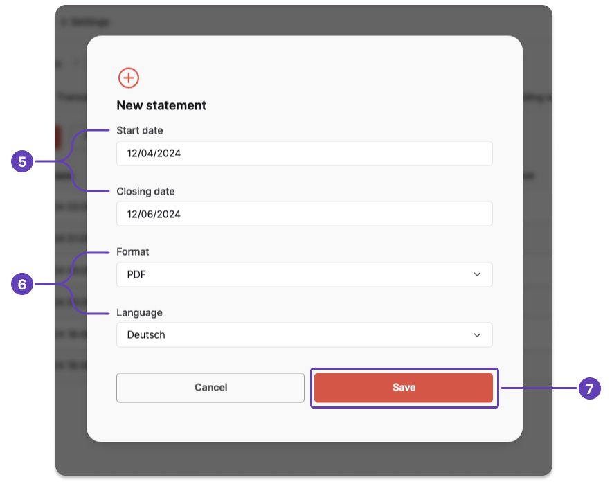 Screenshot of Dashboard modal to generate an account statement